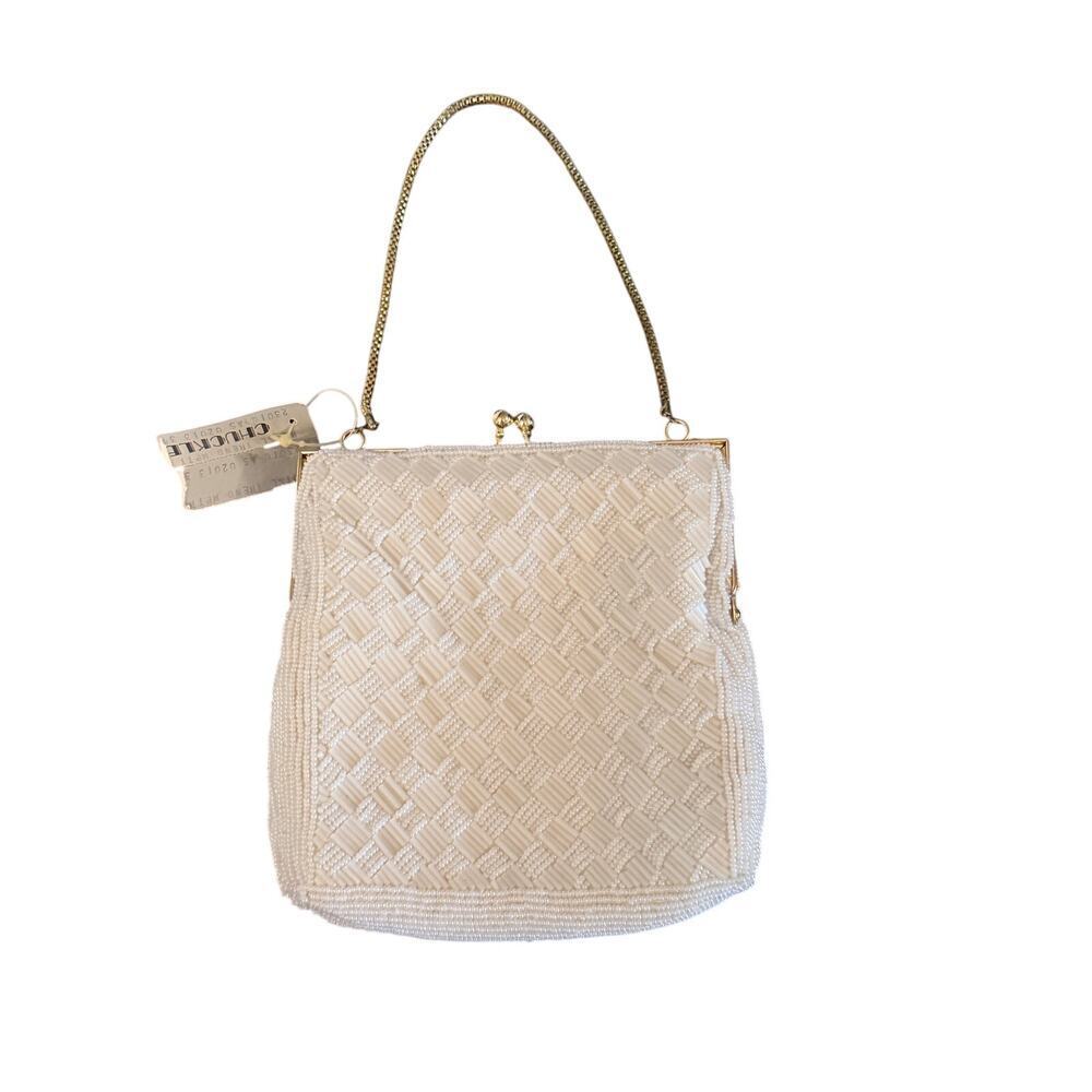 NWT Chuckle Evening Shoulder Bag Kiss Lock Beaded White